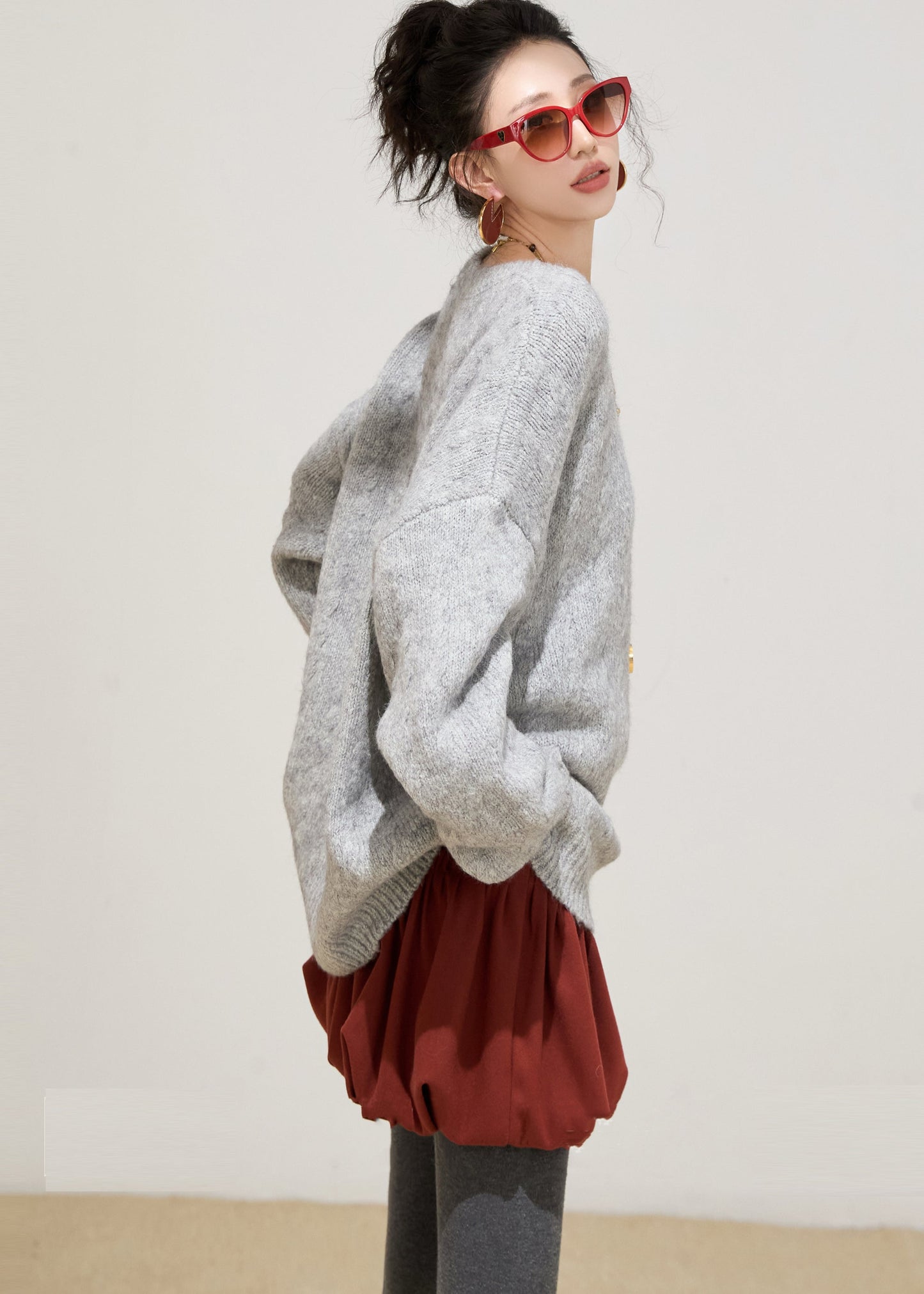 Grey Cozy Knit Sweater Tops Oversized Winter
