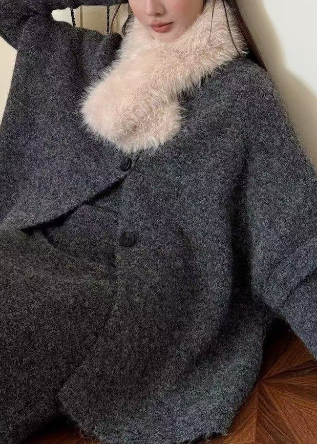 Grey Cozy Knit Three Piece Set Fur Collar Batwing Sleeve