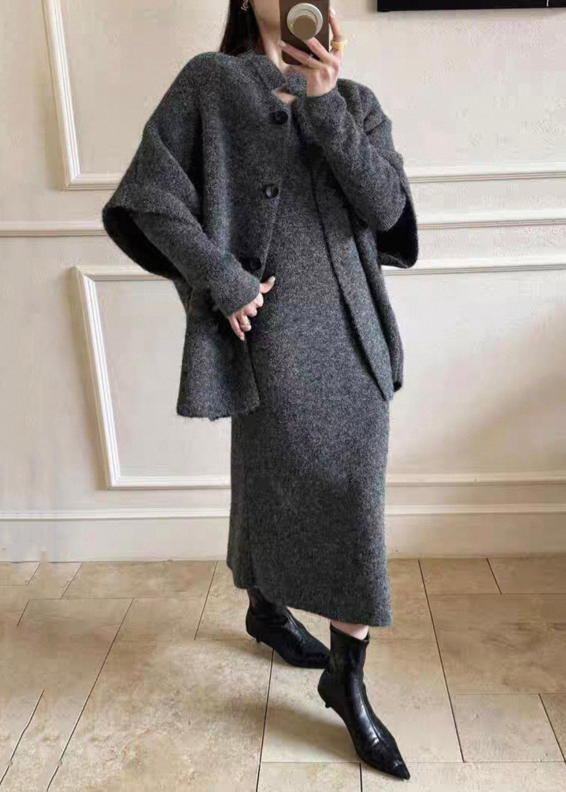Grey Cozy Knit Three Piece Set Fur Collar Batwing Sleeve