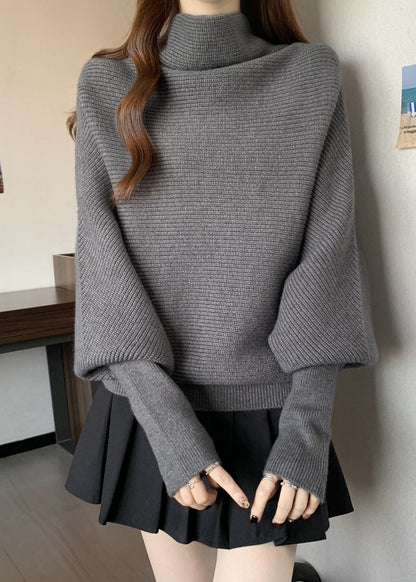Grey Cozy Thick Knit Pullover Turtleneck Batwing Sleeve