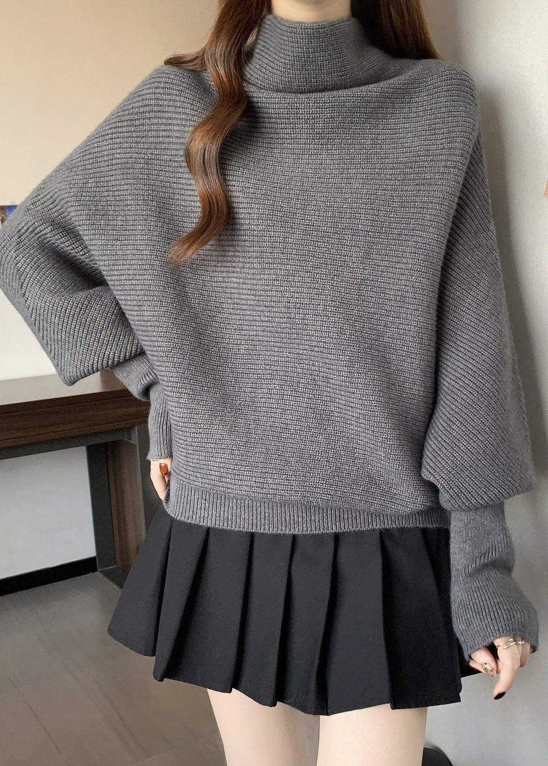 Grey Cozy Thick Knit Pullover Turtleneck Batwing Sleeve