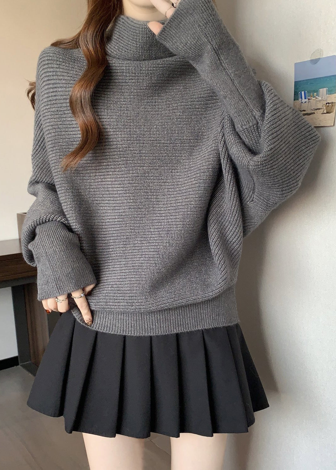 Grey Cozy Thick Knit Pullover Turtleneck Batwing Sleeve