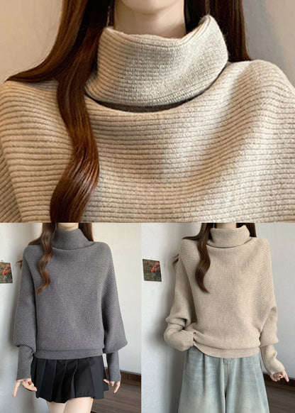 Grey Cozy Thick Knit Pullover Turtleneck Batwing Sleeve