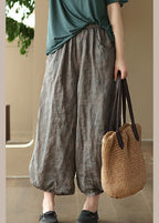 Grey Elastic Waist Solid Ramie Lantern Pants