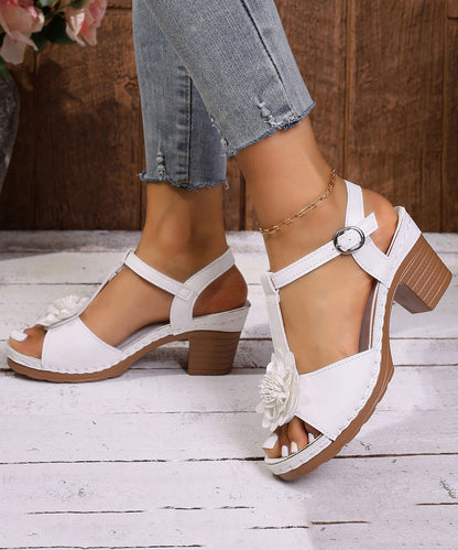 Grey Faux Leather Chunky Sandals Splicing Floral Peep Toe