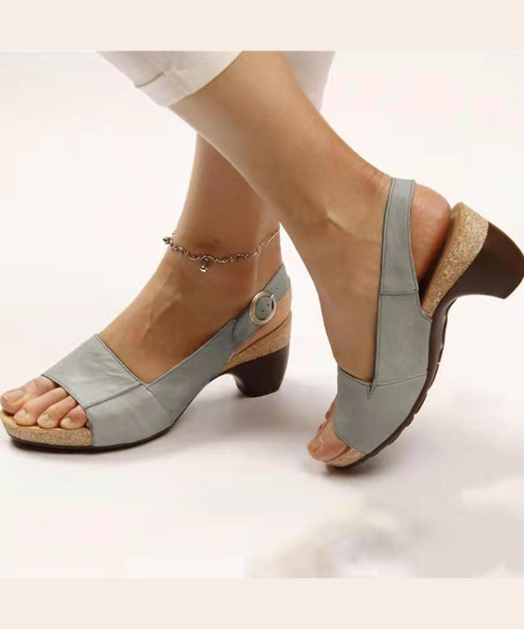 Grey Faux Leather Splicing Chunky Sandals Peep Toe