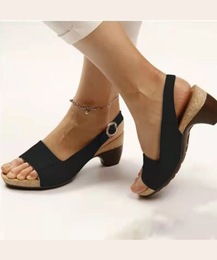 Grey Faux Leather Splicing Chunky Sandals Peep Toe