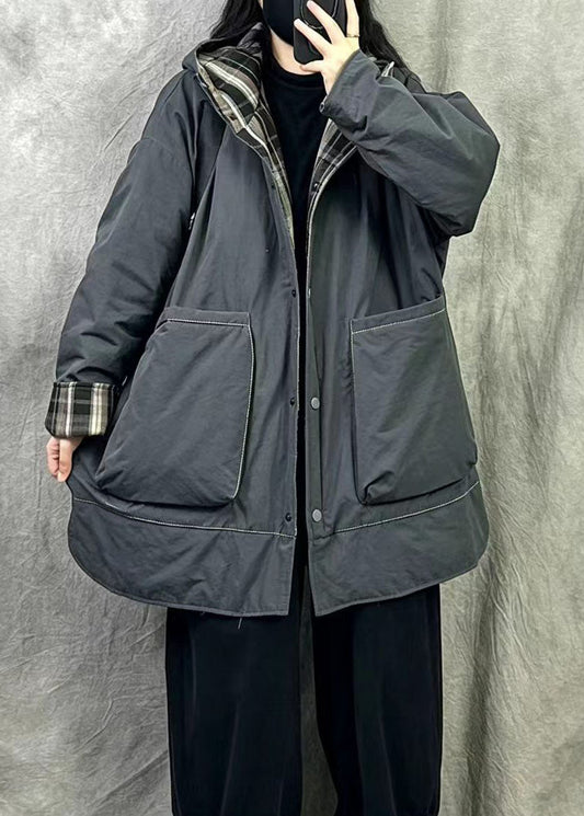Grey Fine Cotton Filled Wear On Both Sides Coats Hooded Pockets Winter