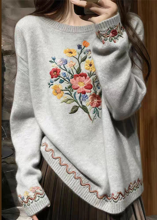 Grey Floral Cozy Knit Sweater O-Neck Spring