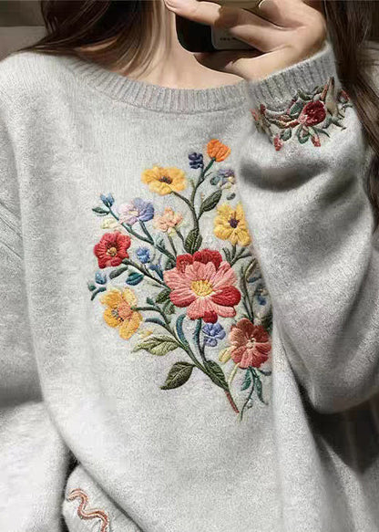 Grey Floral Cozy Knit Sweater O-Neck Spring