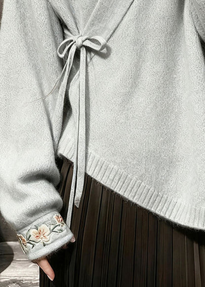 Grey FloralLace Up Knit Sweaters V Neck Spring