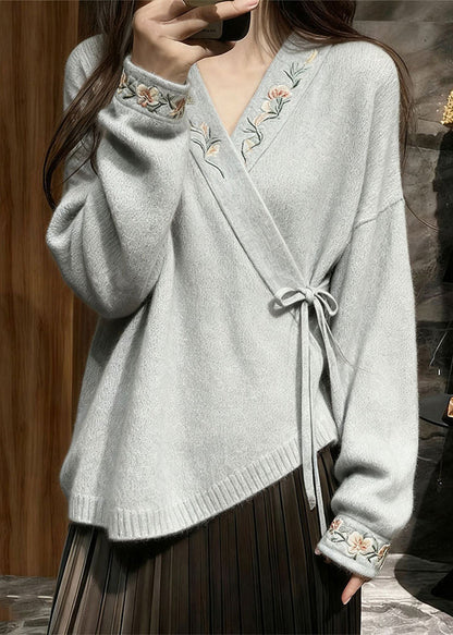 Grey FloralLace Up Knit Sweaters V Neck Spring