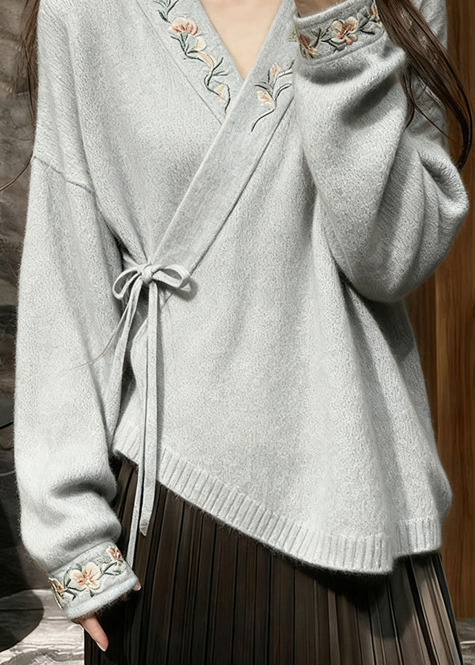 Grey FloralLace Up Knit Sweaters V Neck Spring