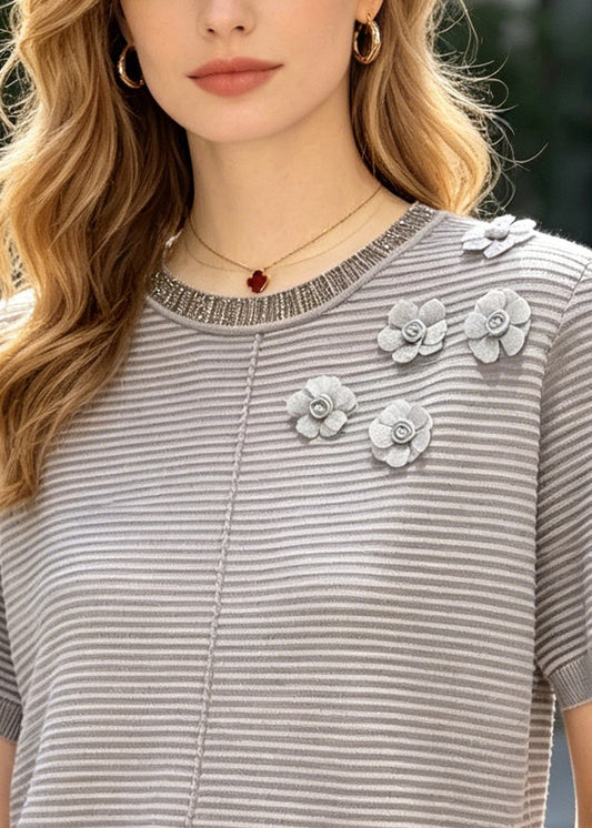 Grey Flower Knit Shirts O-Neck Wrinkled Summer