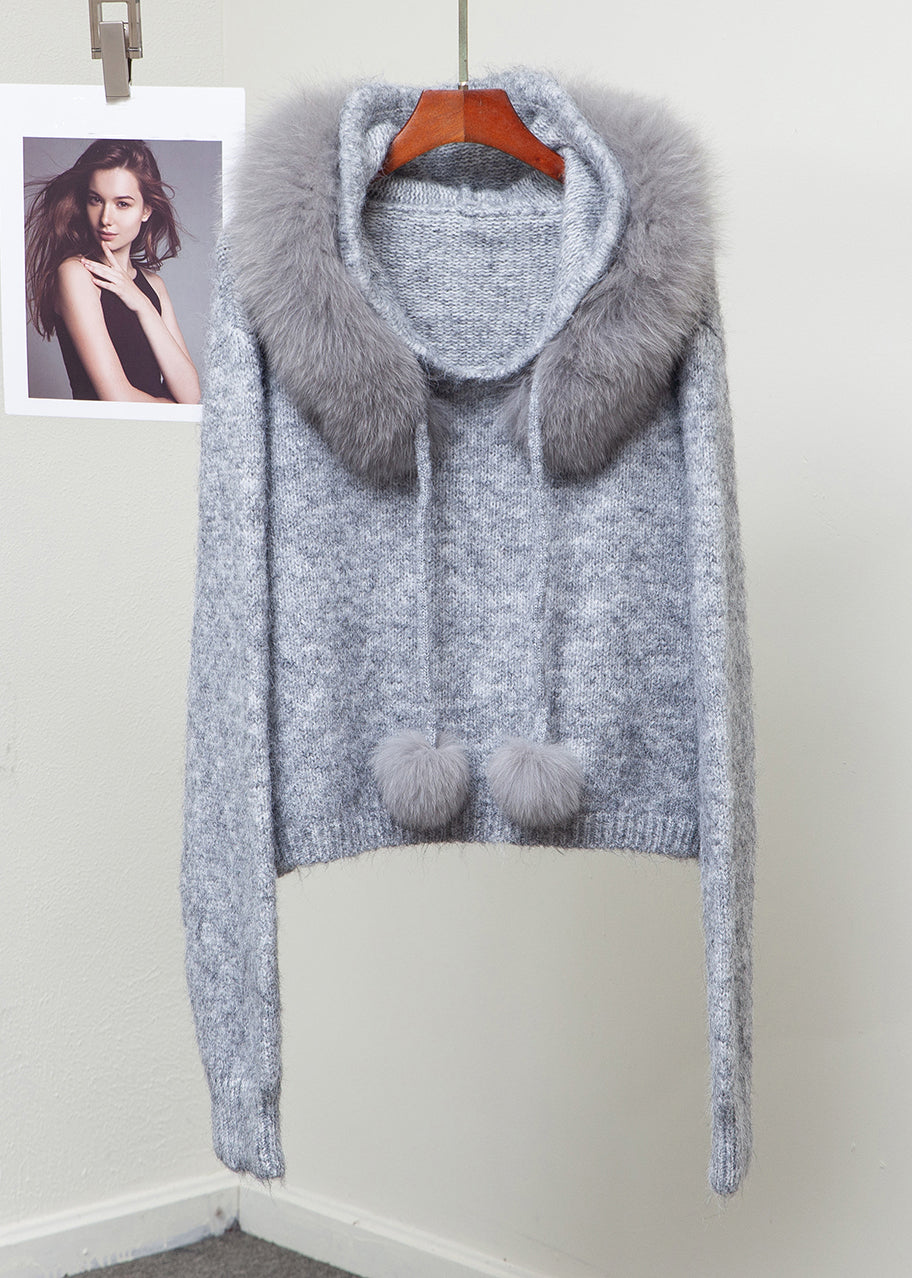 Grey Fox Collar Patchwork Knit Winter Sweater Hooded
