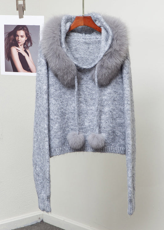 Grey Fox Collar Patchwork Knit Winter Sweater Hooded