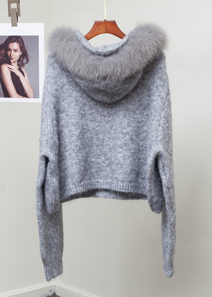 Grey Fox Collar Patchwork Knit Winter Sweater Hooded