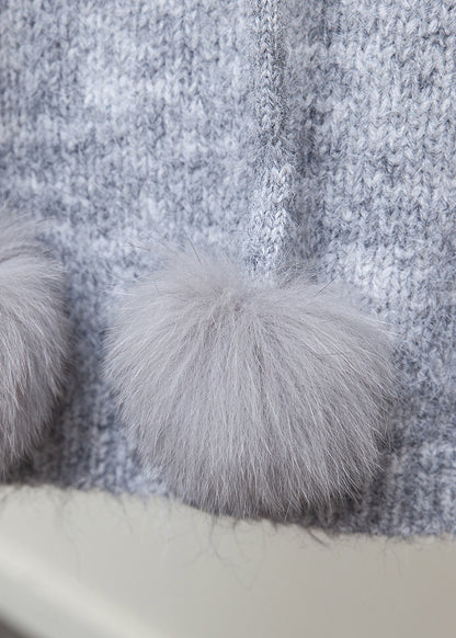 Grey Fox Collar Patchwork Knit Winter Sweater Hooded