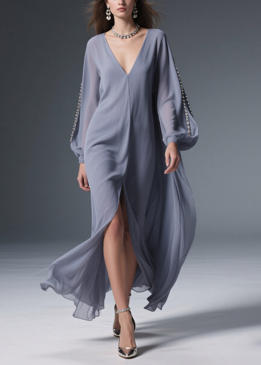 Grey Front Open Solid Chiffon Long Dresses V Neck Spring