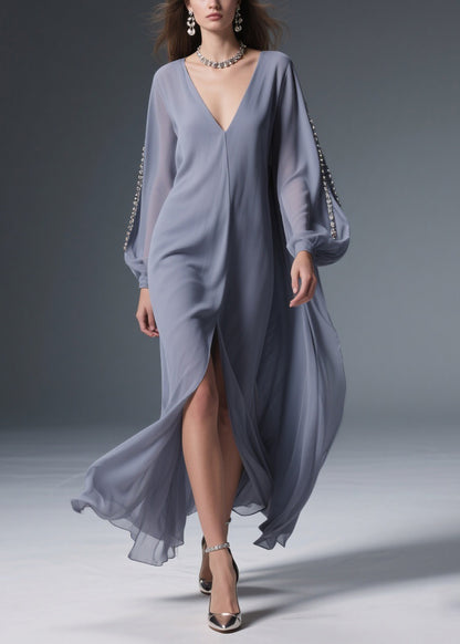 Grey Front Open Solid Chiffon Long Dresses V Neck Spring