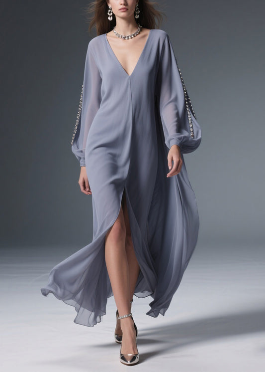 Grey Front Open Solid Chiffon Long Dresses V Neck Spring