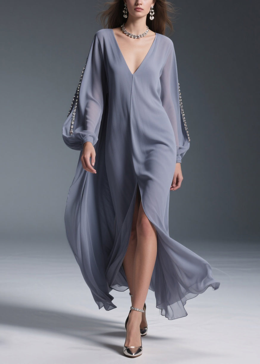 Grey Front Open Solid Chiffon Long Dresses V Neck Spring