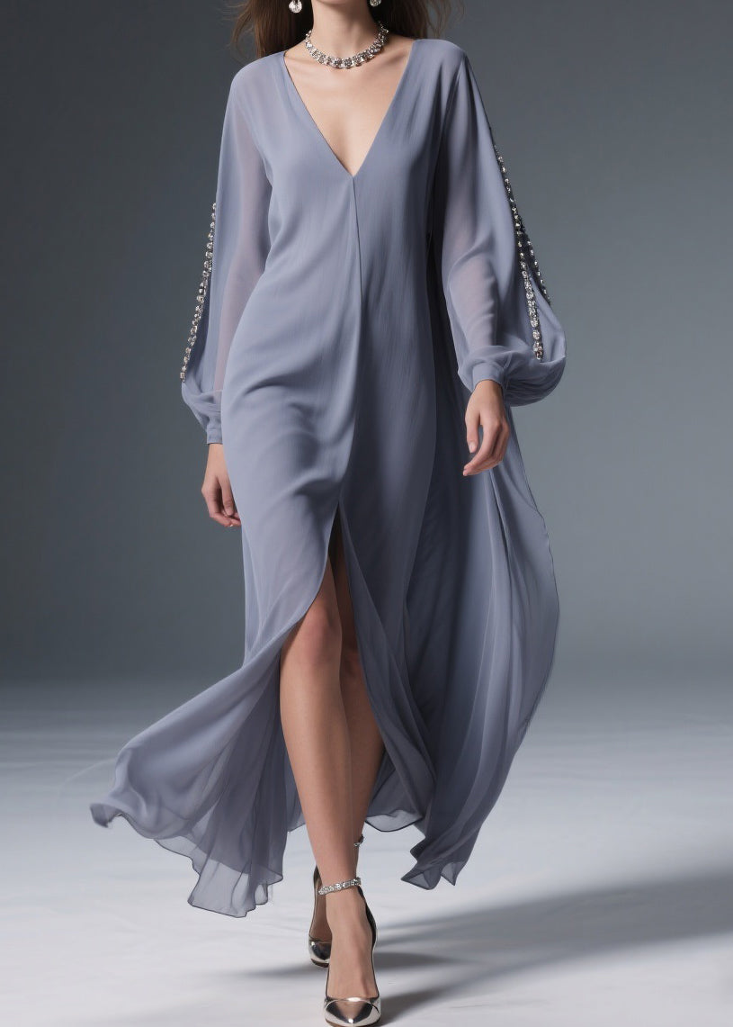 Grey Front Open Solid Chiffon Long Dresses V Neck Spring