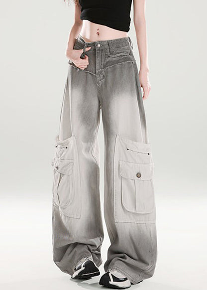 Grey Gradient Color High Waist Denim Wide Leg Pants Pockets
