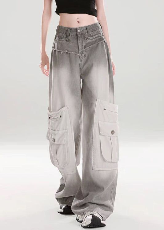Grey Gradient Color High Waist Denim Wide Leg Pants Pockets