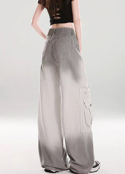 Grey Gradient Color High Waist Denim Wide Leg Pants Pockets