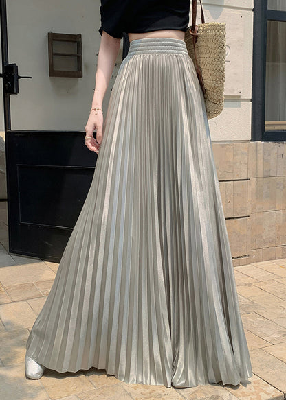 Grey Green Patchwork Solid Silk Pleated Skirt