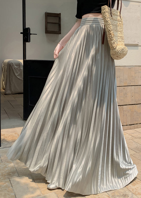 Grey Green Patchwork Solid Silk Pleated Skirt