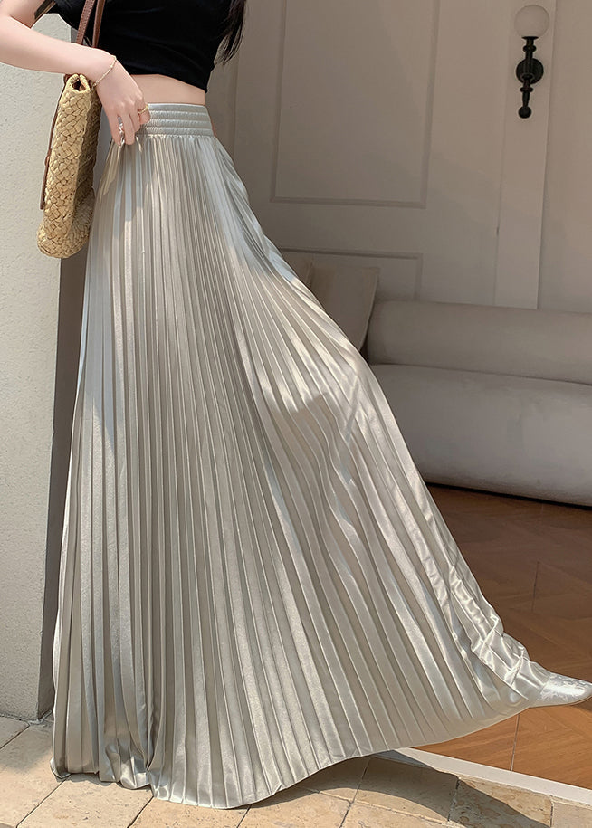 Grey Green Patchwork Solid Silk Pleated Skirt