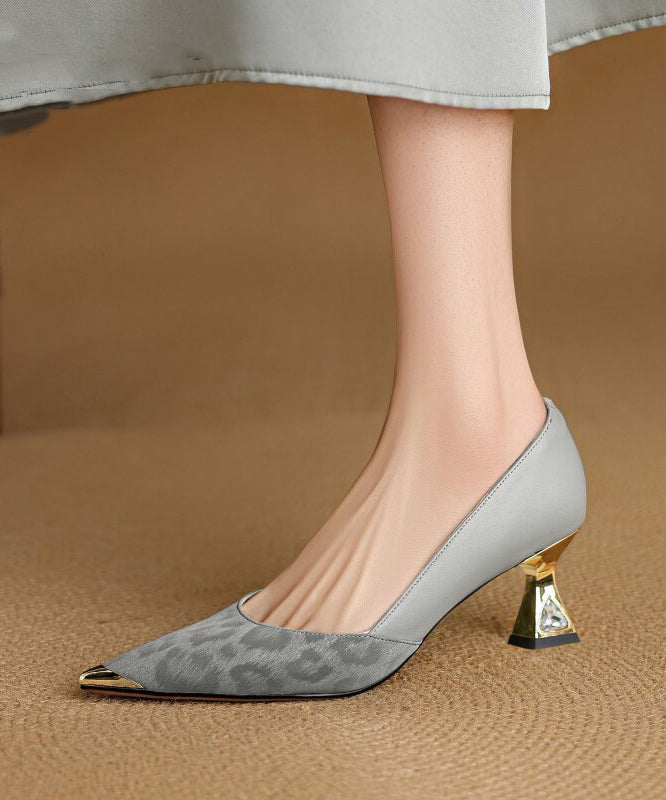 Grey High Heels Zircon Splicing Leopard Pointed Toe