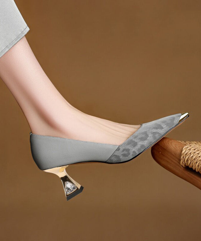 Grey High Heels Zircon Splicing Leopard Pointed Toe