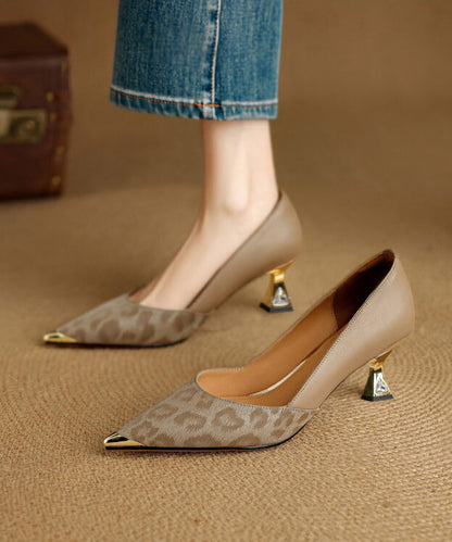 Grey High Heels Zircon Splicing Leopard Pointed Toe