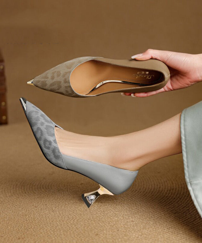 Grey High Heels Zircon Splicing Leopard Pointed Toe