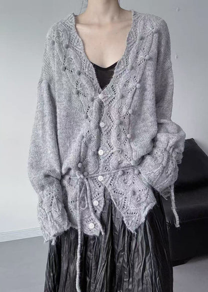 Grey Hollow Out Knit Cardigan Fuzzy Ball Decorated Fall