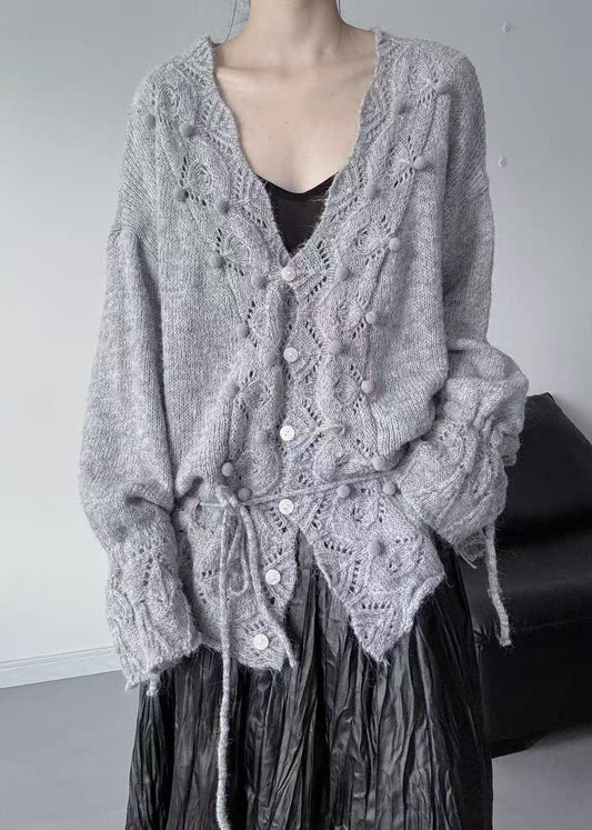Grey Hollow Out Knit Cardigan Fuzzy Ball Decorated Fall