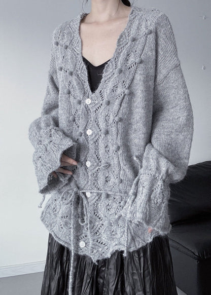 Grey Hollow Out Knit Cardigan Fuzzy Ball Decorated Fall