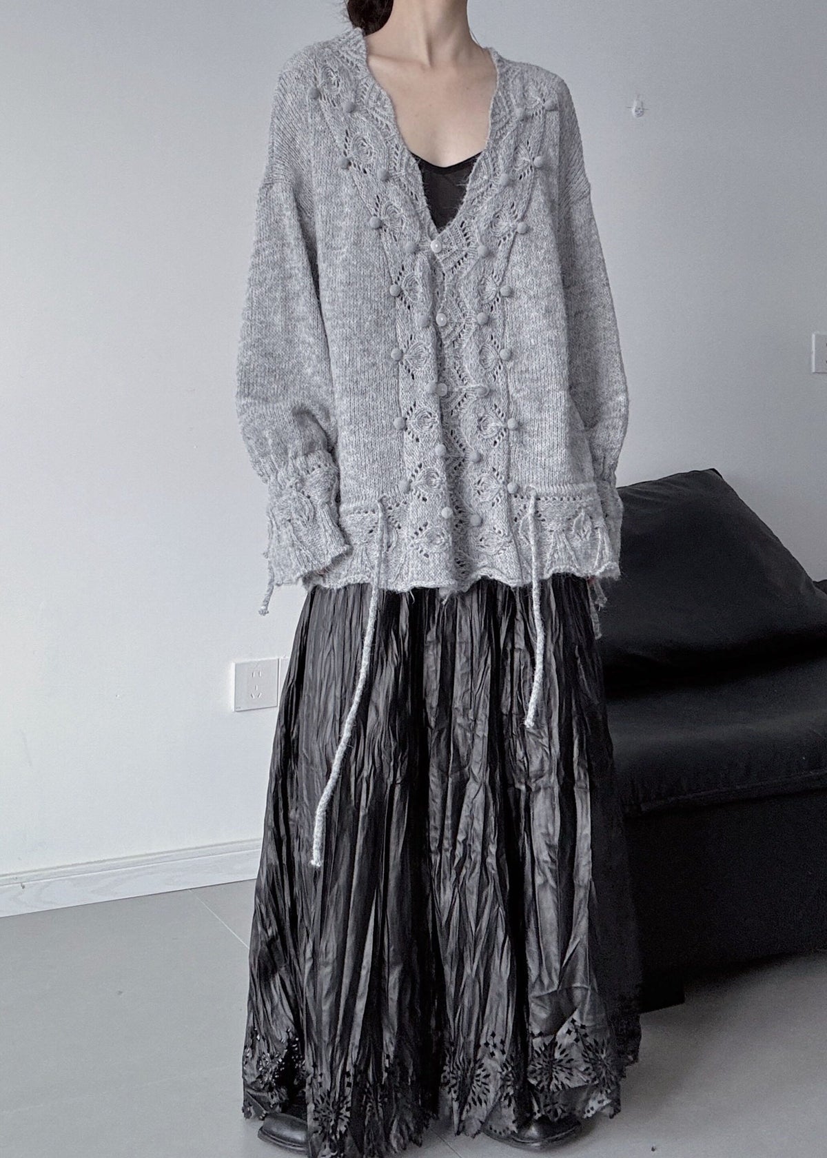 Grey Hollow Out Knit Cardigan Fuzzy Ball Decorated Fall