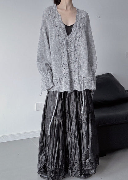 Grey Hollow Out Knit Cardigan Fuzzy Ball Decorated Fall