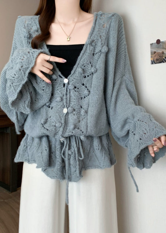 Grey Hollow Out Knit Cardigans Oversized Fall