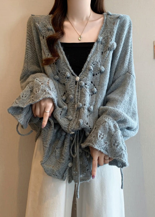 Grey Hollow Out Knit Cardigans Oversized Fall