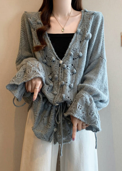 Grey Hollow Out Knit Cardigans Oversized Fall
