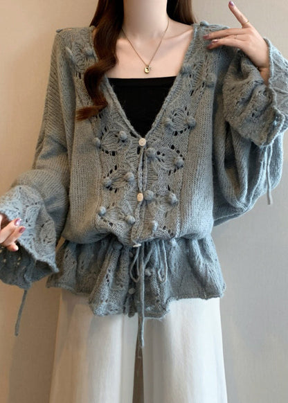 Grey Hollow Out Knit Cardigans Oversized Fall