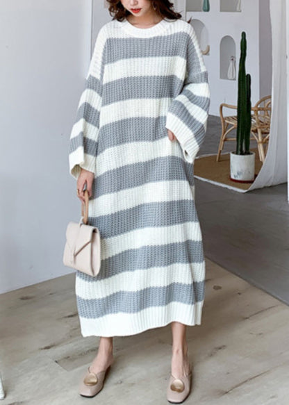 Grey Hollow Out Patchwork Knit Dress O Neck Spring
