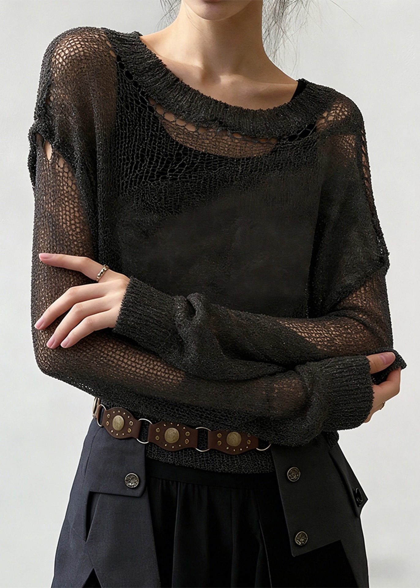 Grey Hollow Out Thin Knit Sweater O-Neck Spring