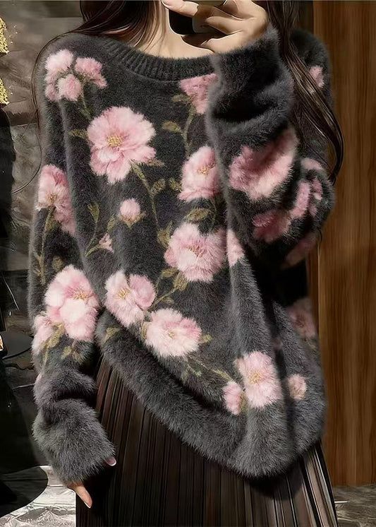 Grey Jacquard Thick Mink Hair Knitted Sweater top O Neck