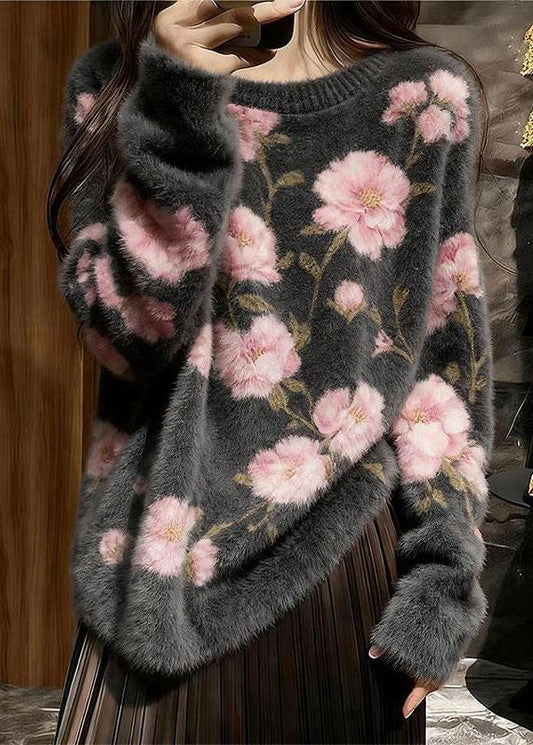 Grey Jacquard Thick Mink Hair Knitted Sweater top O Neck